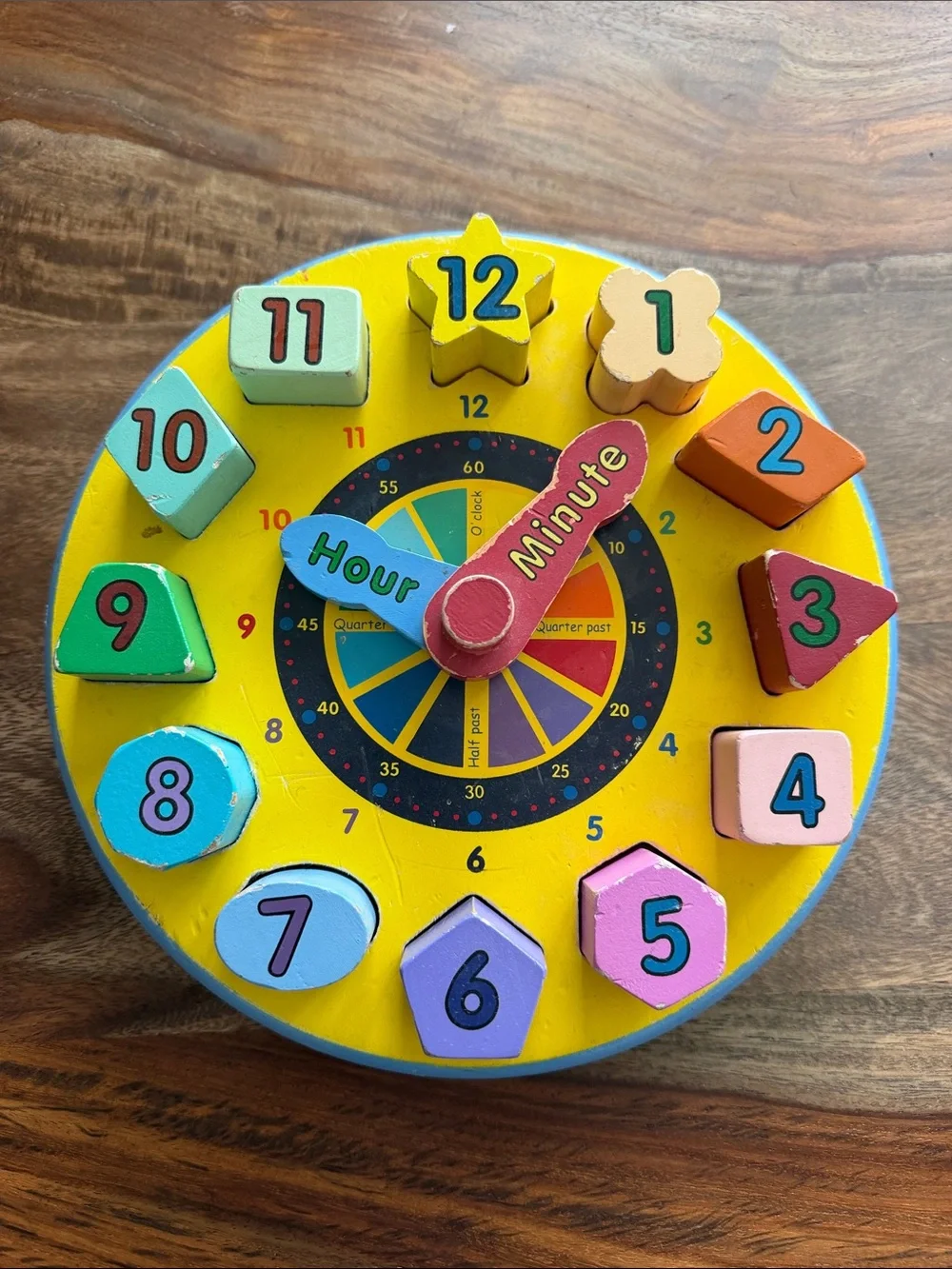 Melissa & Doug Bright Yellow Wooden Teaching Clock with Multicolor Number Blocks
